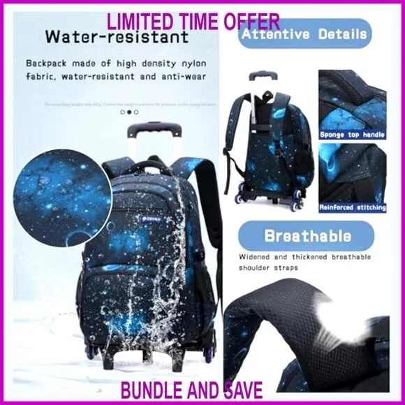Nylon Rolling Backpack Set with Insulated Lunch Bag for Boys School